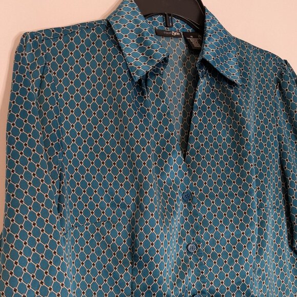 EAST 5TH Teal Satin Long Sleeve Collared Button Blouse; Size 10 - Picture 2 of 5